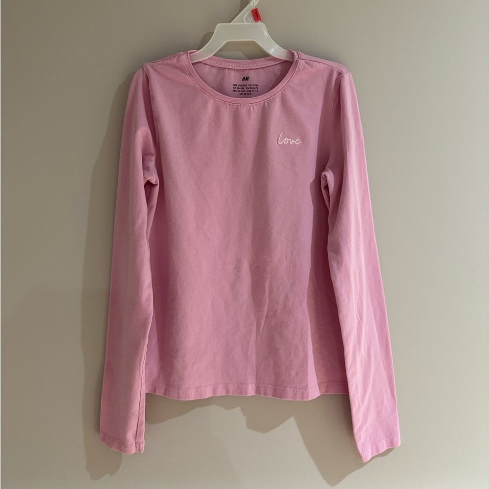 H&M Long Sleeved Pink Cotton Top with Embroidered Text “Love” on front Size12/14